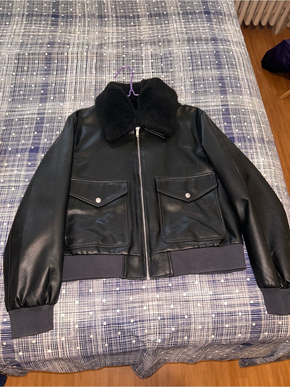 GAP Black Vegan Leather Flight Jacket with Shearling Collar - Picture 3 of 16